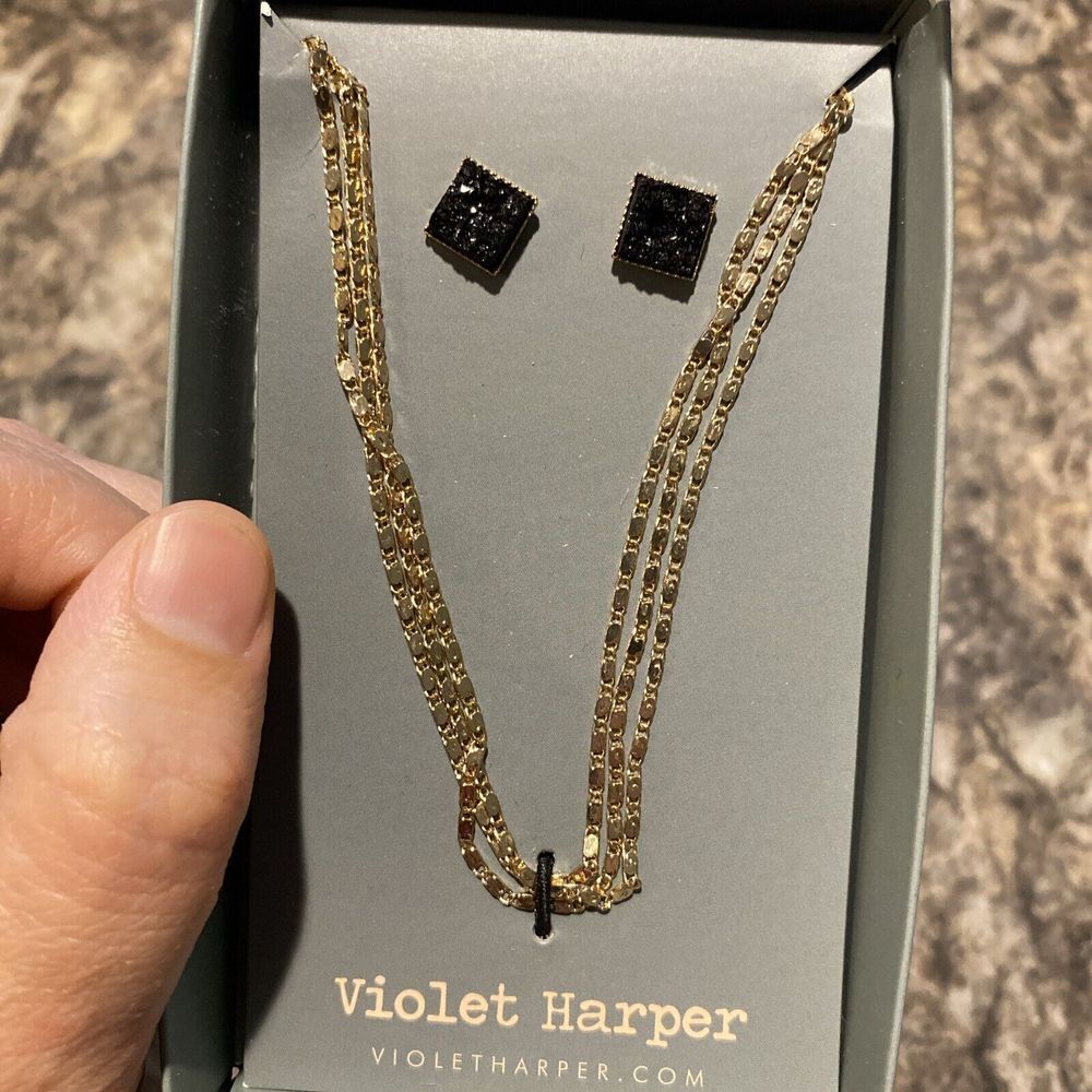 New! Violet‎ Harper Gold Plated Necklace Earring set Isla Layered Black Druzy